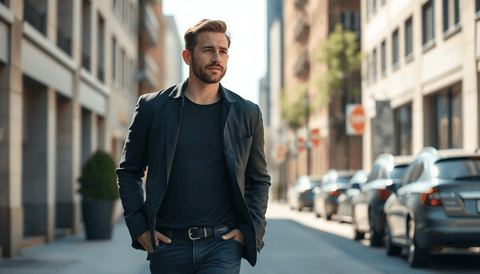 Man in a dark blazer and jeans walking down a city street, showing a polished everyday look for making a confident first impression.