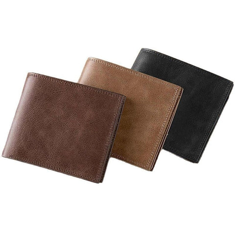 Three men's wallets in dark brown, tan, and black arranged in a row.