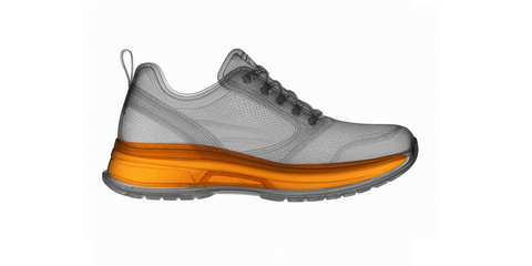 Beige shoe showing the mechanics of an elevator lift inside the shoe via an orange sole on a white background