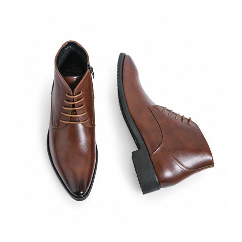 Ashford brown leather men's dress boots with pointed toes, laced uppers, side zippers and a discreet height boost