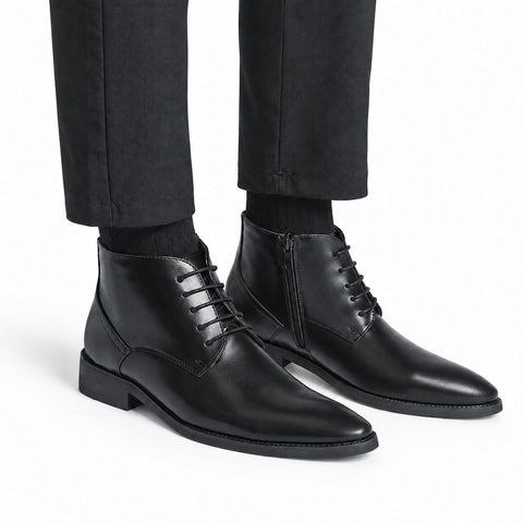 Ashford black men's dress boots with a sleek leather finish, lace up fronts and side zippers designed as discreet height increasing boots