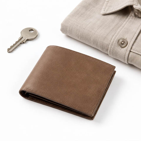 The Modern Wallet in brown leather with a bifold design displayed beside a metal key and beige buttoned shirt on a white background