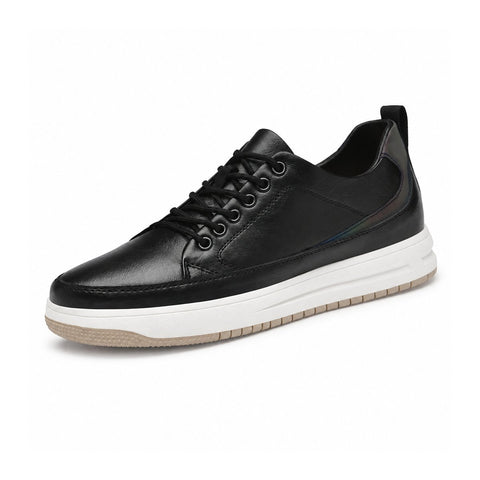 Brooklyn black leather casual sneaker with white platform sole and discreet height boost for comfortable everyday wear