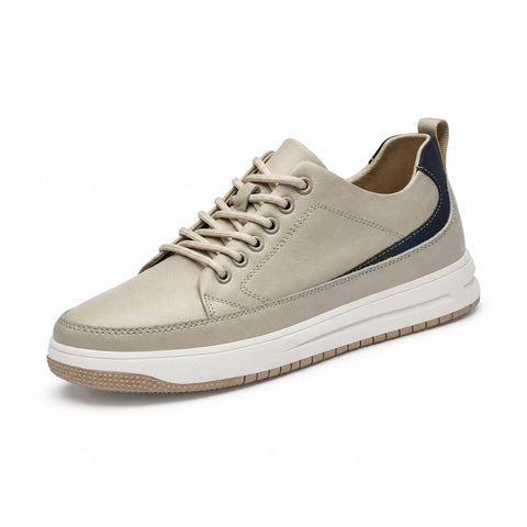 Brooklyn beige casual elevated shoe with lace up design navy heel accent and cushioned white sole for a discreet height boost and everyday comfort