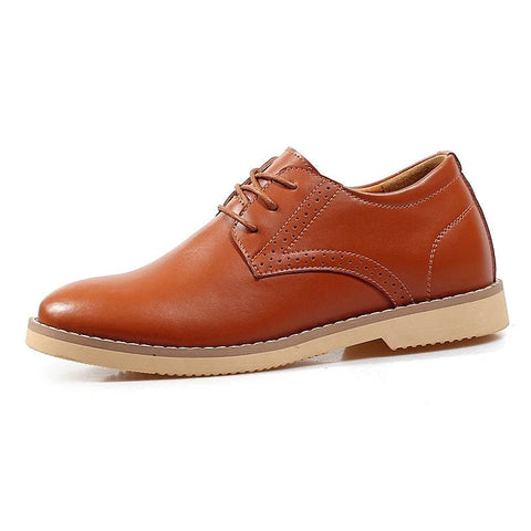Charleston men's dress shoe in warm brown with subtle brogue detailing, featuring a hidden internal lift for a discreet height boost.