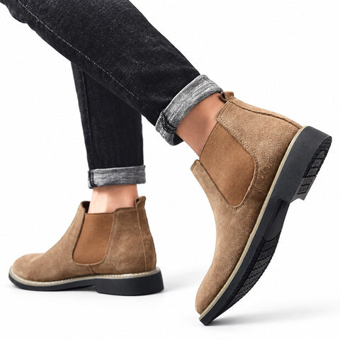 Chelsea tan suede casual boots with elastic side panels and cushioned soles shown on foot for a modern elevated look