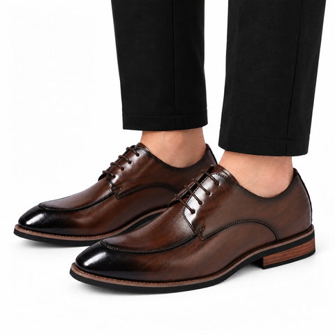 Conrad brown leather mens dress shoes with polished cap toes and discreet height boost for a refined professional look