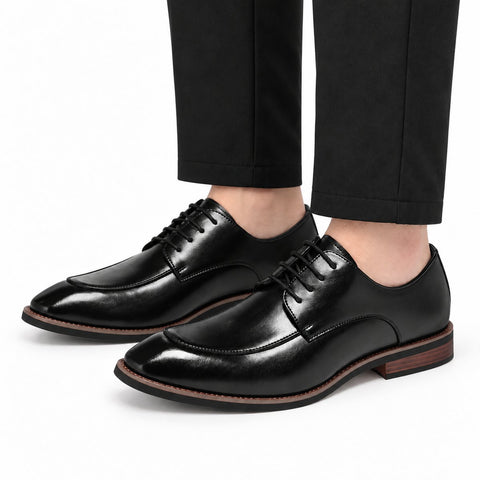 Conrad black leather men's dress shoes with polished finish and lace up design offering a discreet height boost for a refined professional look