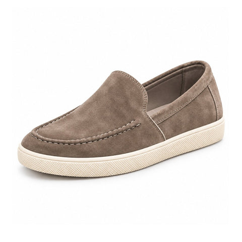 Ellison elevated casual slip on shoe in taupe suede with moc toe stitching and a textured white sole for a refined everyday look