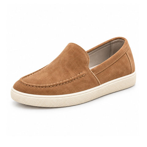 Ellison tan suede slip on casual shoe with moc toe stitching and white textured sole for a discreet height boost
