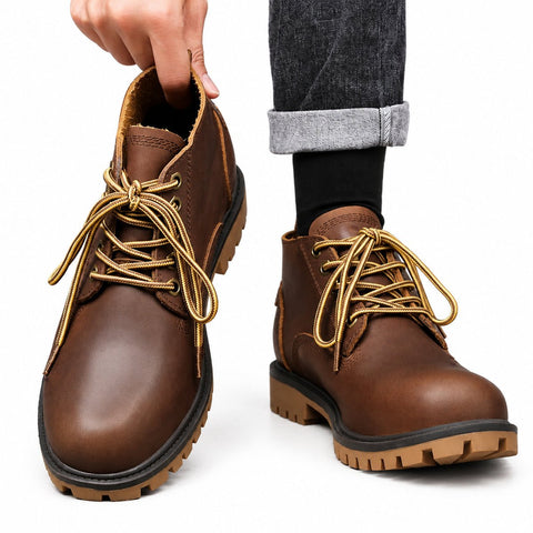 Explorer brown leather casual boots with gold laces rugged lug soles and a discreet height boost for comfortable everyday wear