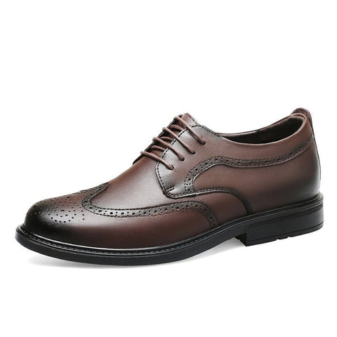 Harrington men's dress shoe in dark brown with brogue detailing, featuring discreet height boost and hidden lift for everyday comfort.