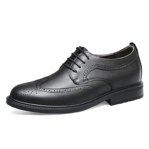 Harrington men's black dress shoe with classic brogue detailing, featuring a discreet height boost from a hidden internal lift.