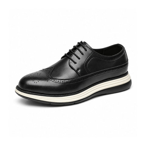 Hartford black leather men's dress shoe with brogue toe details and lace up design featuring a discreet height boost and layered white sole