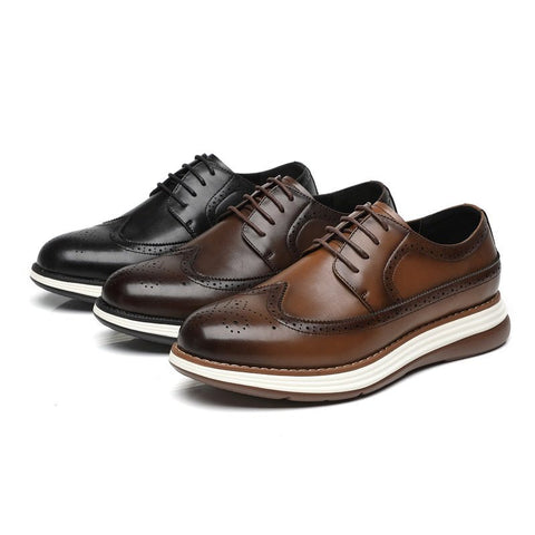 Three pairs of Hartford men's wingtip dress shoes in black, dark brown, and tan, each with a hidden lift for a discreet height boost.
