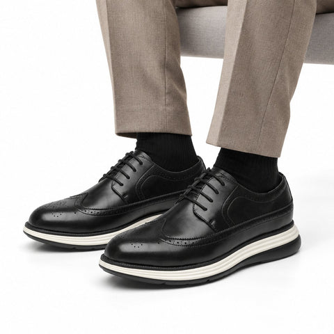 Hartford black leather men's dress shoes with lace up styling and a discreet height boost designed for polished comfort and a taller appearance