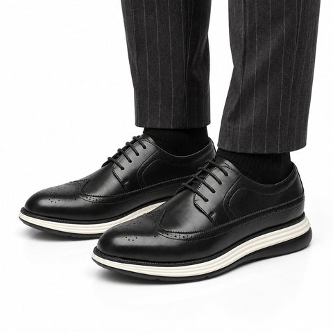 Hartford black men's dress shoes with brogue detailing and a layered sole offering a discreet height boost for polished professional style