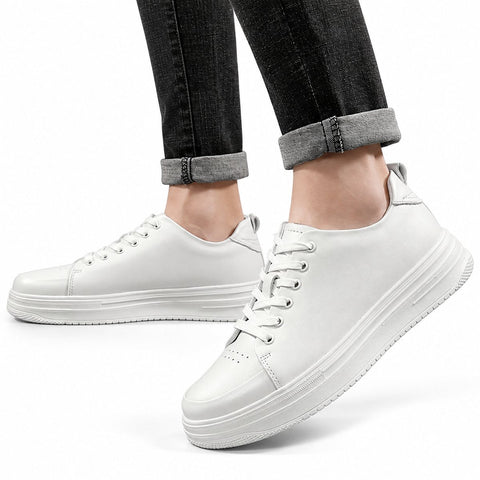 Hawthorn white elevated casual sneakers with clean low top styling and layered soles offering a discreet height boost for modern everyday wear