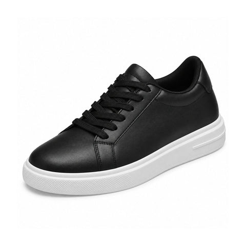 Heritage black casual sneaker with a sleek leather finish and white elevated sole offering a discreet height boost for comfortable everyday style