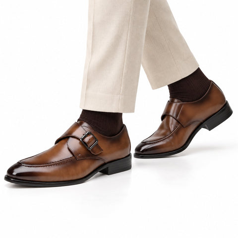 Lennox brown leather monk strap men's dress shoes with polished finish and discreet height boost styled with tailored trousers
