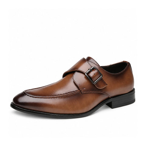 Lennox brown leather dress shoe featuring a sleek apron toe and monk strap buckle with a polished finish and discreet height boost for formal style