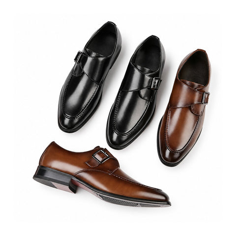 Lennox mens dress shoes in polished black and brown leather with elegant buckle details and a discreet height boost for refined everyday style