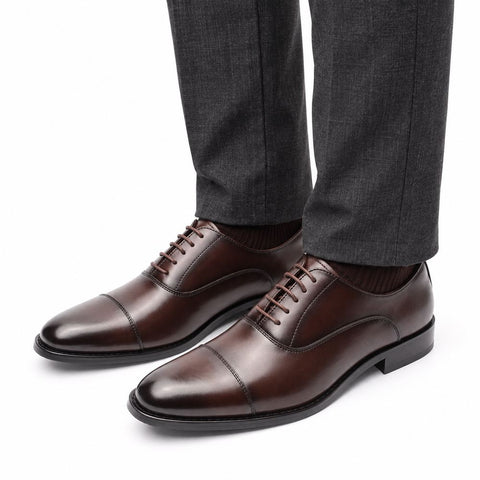 Monarch dark brown leather men's dress shoes with cap toes and lace up styling, featuring a discreet height boost for polished formal wear