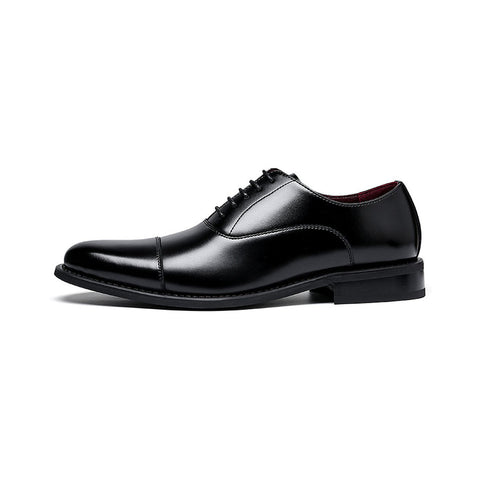 Monarch black leather mens dress shoe with polished cap toe lace up design and discreet height boost for a refined professional look