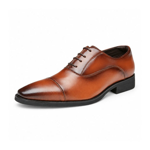 Regal brown leather men's dress shoe with a sleek cap toe lace up design and discreet height boost for polished professional style