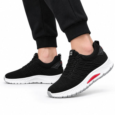 Rise33 black sneakers with breathable knit uppers white cushioned soles and a discreet height boost for comfortable everyday wear