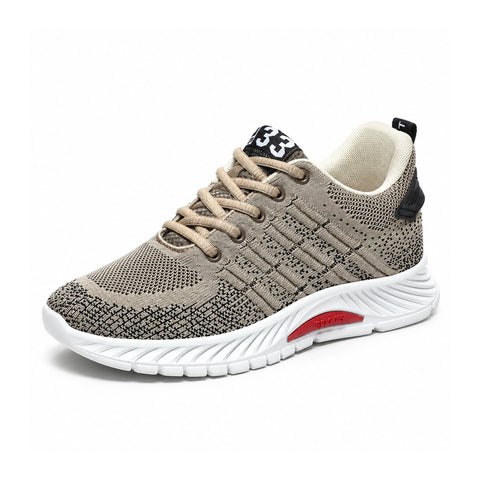 Rise33 beige performance sneaker with breathable knit upper, beige laces, cushioned white sole and a discreet height boost