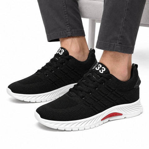 Rise33 black mens sneakers with breathable knit uppers and cushioned white soles offering a discreet height boost for comfortable everyday wear