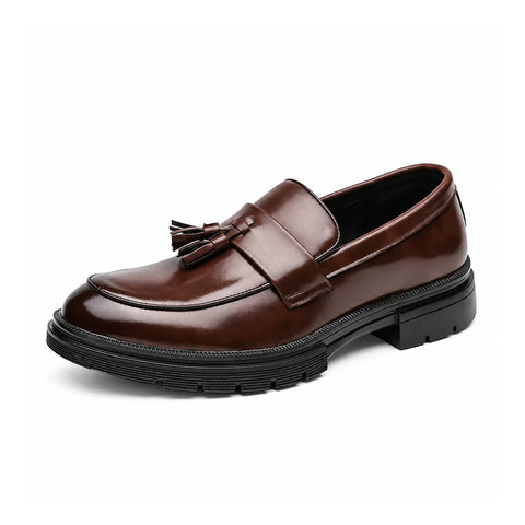 Sterling brown polished tassel loafer with a discreet height boost and sturdy black sole for refined men's dress shoes styling