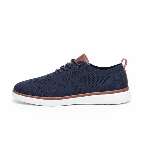Strider blue men's casual shoe with breathable knit upper, brown accents, white sole and a discreet height boost