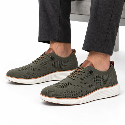 Strider olive men's casual shoes with breathable knit uppers, brown accents and thick white soles for a discreet height boost