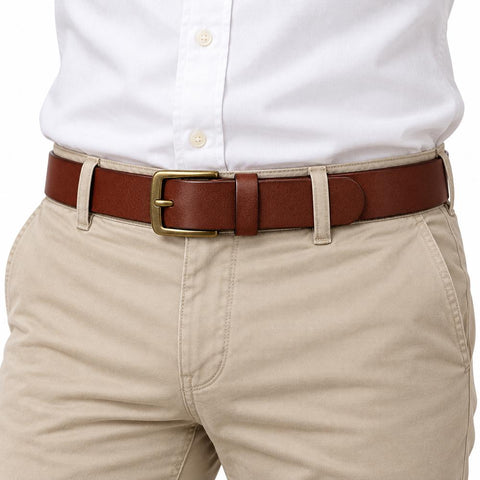 The Classic Belt in brown leather with a brass buckle shown worn with a white shirt and beige trousers