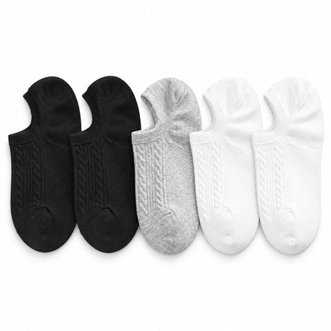 The Comfort Sock no show ankle socks in black gray and white arranged on a white background for a comfortable low profile fit