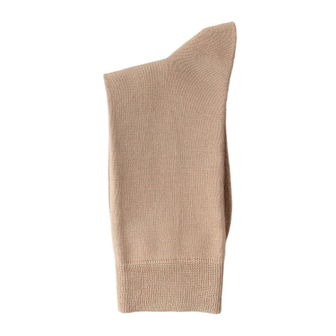 A single beige dress sock folded neatly against a white background.