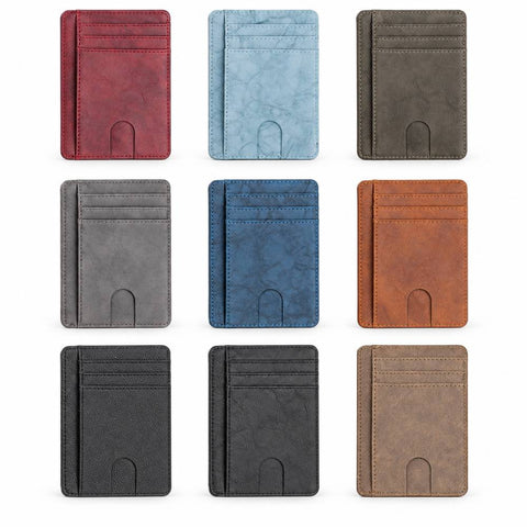 The Modern Cardholder displayed in nine slim leather styles with multiple card slots and thumb cutouts in assorted colors for everyday carry