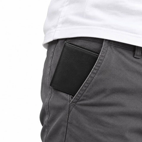 The Modern Wallet black slim wallet tucked into the front pocket of gray trousers for discreet everyday carrying and modern style