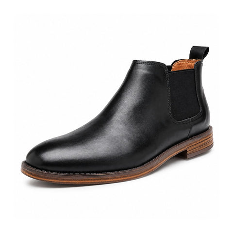 Wellington black leather Chelsea boot with elastic side panels, pull tab, stacked sole and a discreet height boost