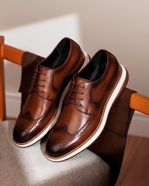 Men's outfit styled with Modern Elevation shoes, showing how trousers pair with a discreet height boost.