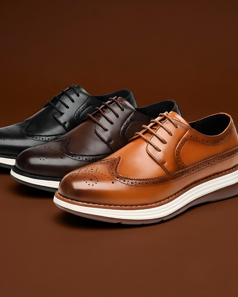 Modern Elevation men's shoes shown side by side, illustrating the discreet height boost built into the design.
