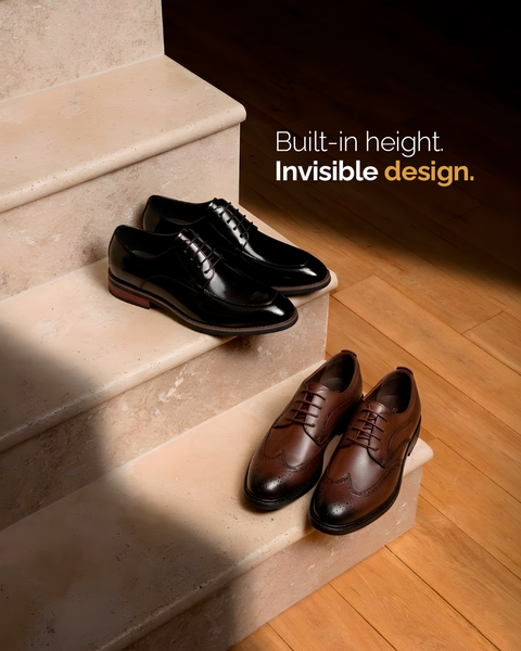 Men's dress shoes from Modern Elevation styled for a holiday party, paired with smart evening attire.
