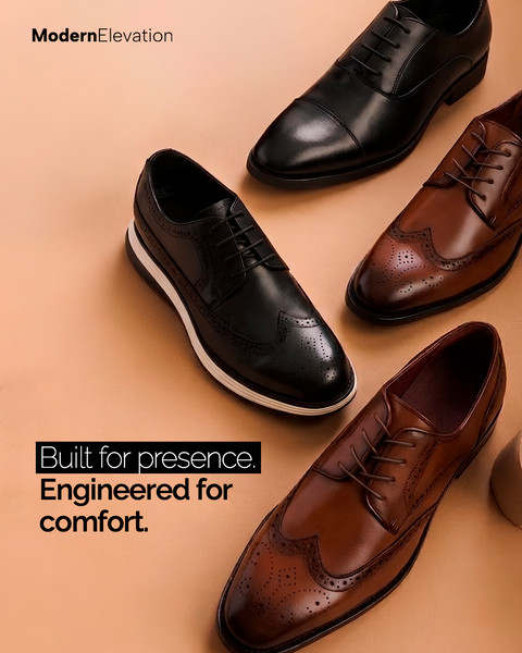Men's dress shoes from Modern Elevation in classic silhouettes, suited to business and formal occasions with a discreet height boost.