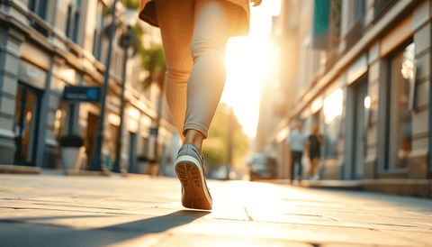 Person walking down a sunlit city street in casual sneakers at golden hour, illustrating everyday wear of Modern Elevation's discreet height-increasing shoes.