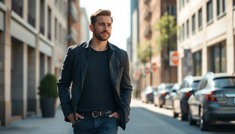 Man in a dark blazer and jeans walking down a city street, showing a polished everyday look for making a confident first impression.