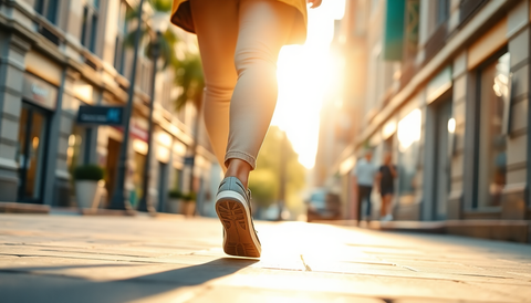Person walking down a sunlit city street in casual sneakers at golden hour, illustrating everyday wear of Modern Elevation's discreet height-increasing shoes.