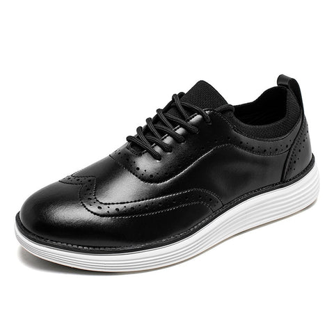 Prescott men's black leather height increasing shoes with brogue detailing, white sole, and comfortable insoles offering a discreet lift for enhanced confidence and style.