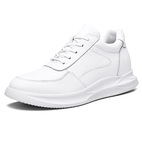 White sneaker with an invisible height increase feature labeled 2.4 inches on a white background.